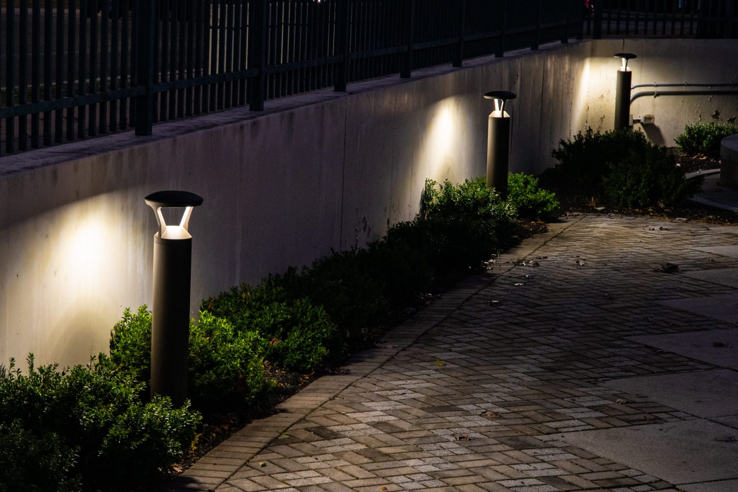 Bollard lighting in a park at night