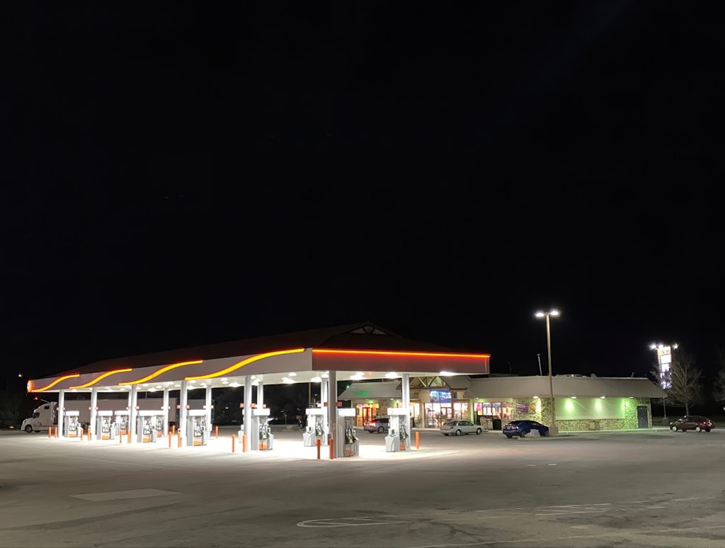 An empty gas station at night in Central California